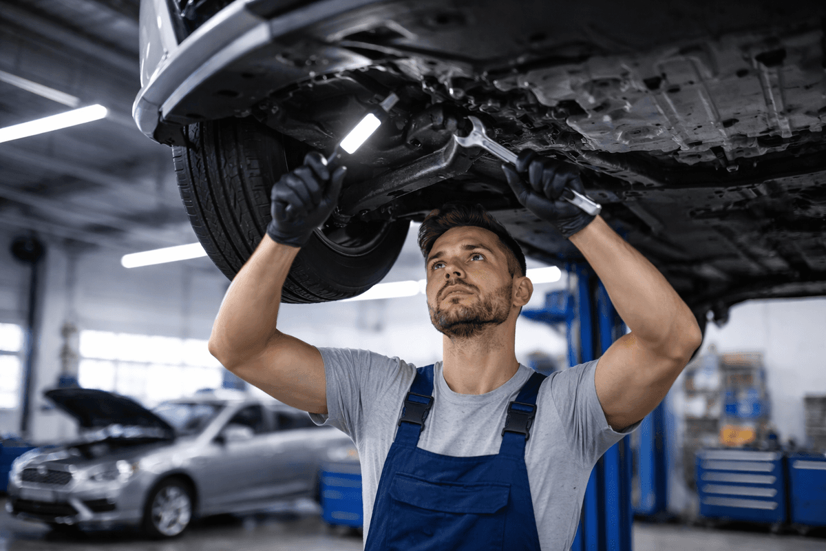 A mechanic working on the undercarriage of a European sedan.