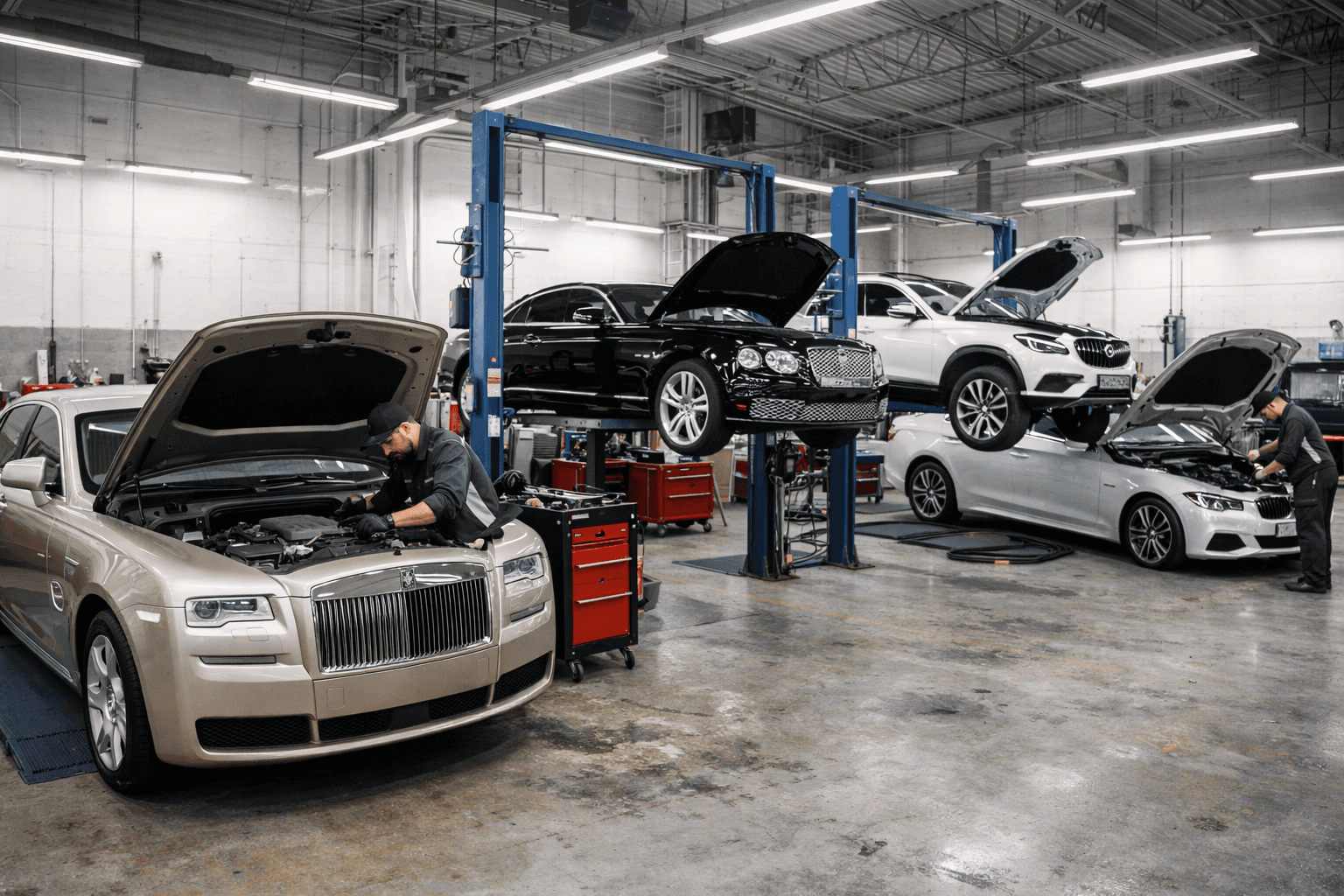 A hero banner for 'المركز الفني للسيارات' showing various luxury cars and a mechanic at work.