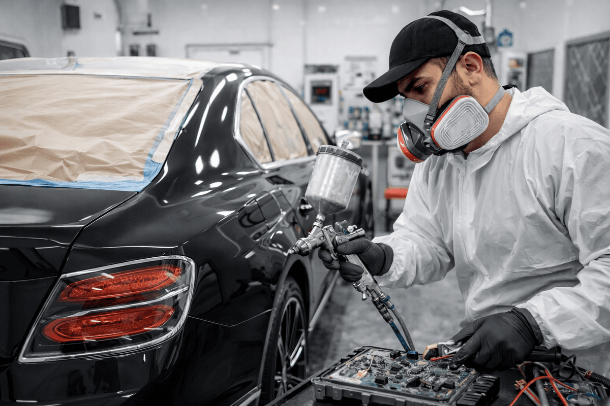 A car inside a professional paint booth being sprayed.