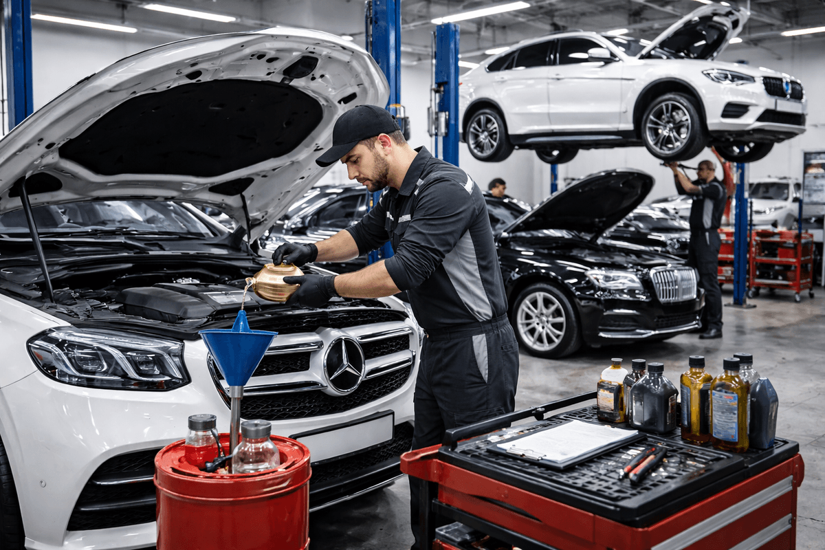 A mechanic performing an oil change and checking fluid levels.