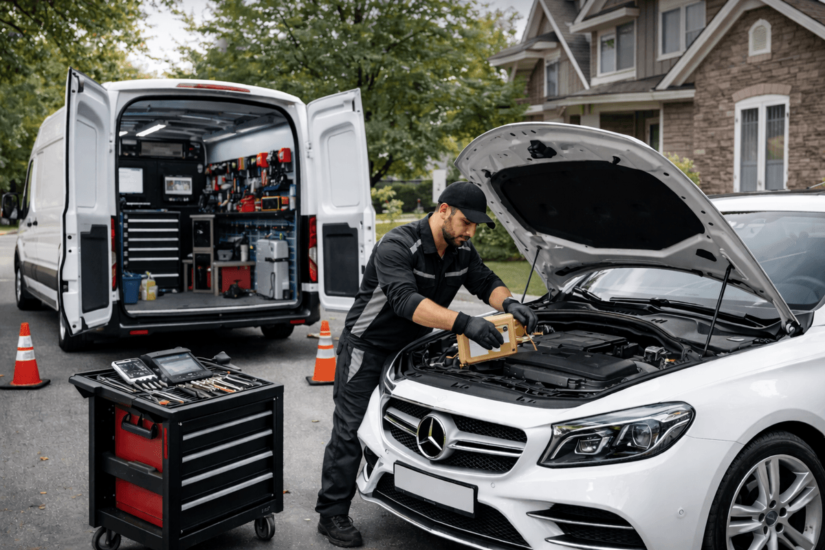 A branded van equipped as a mobile workshop, parked in a suburban driveway.