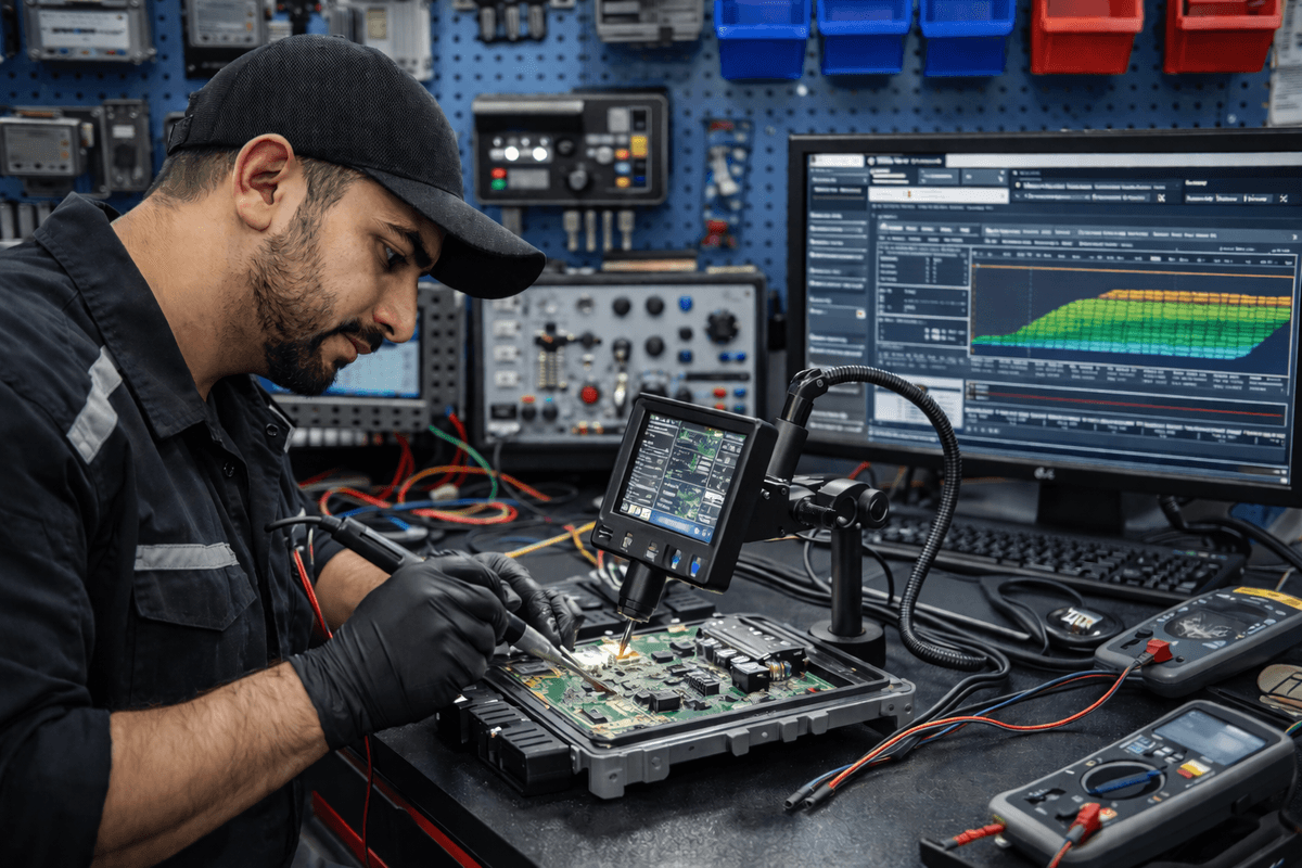 A laptop connected to a car's OBD-II port, showing diagnostic software.